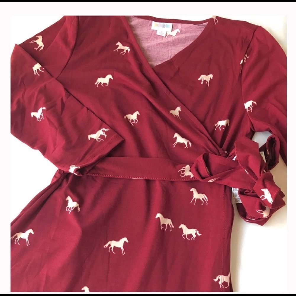 SOLD LuLaRoe Michelle Wrap Dress Burgundy Horses Medium NWT